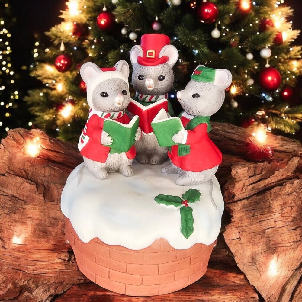Vintage Lefton Christmas Music Box Mice Carolers Friskey Friends 1984